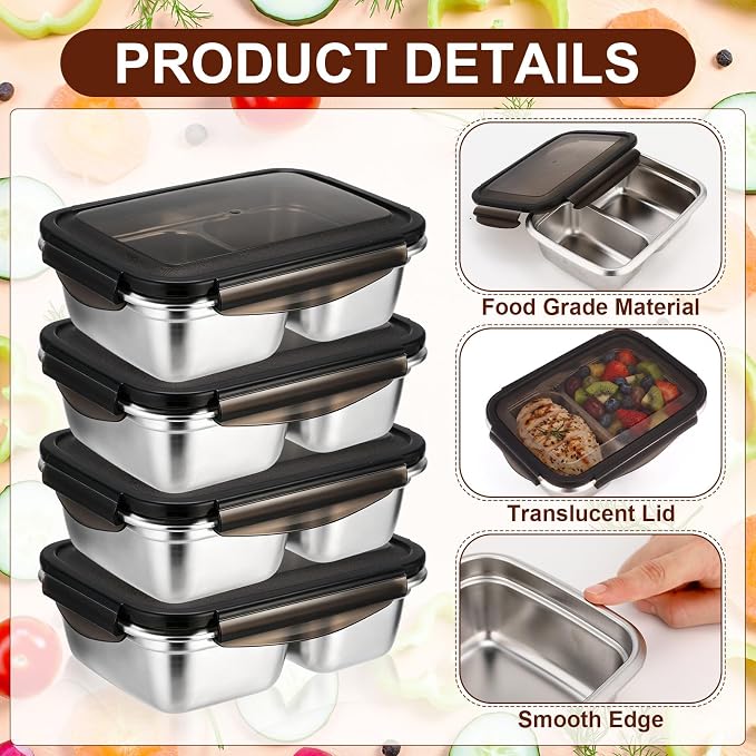 12 Pack 304 Stainless Steel Food Storage Containers 2 Compartment Food Grade Metal Lunch Bento Boxes with Airtight Lid 25 oz/750ml Meal Prep Container Freezer Dishwasher Safe