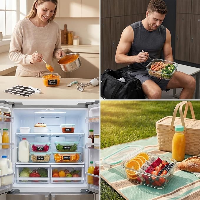 Glass Food Storage Containers, 4 Pack, Airtight Meal Prep Bento Boxes with Leakproof Locking Lids, BPA Free, Microwave, Oven, Freezer and Dishwasher Safe