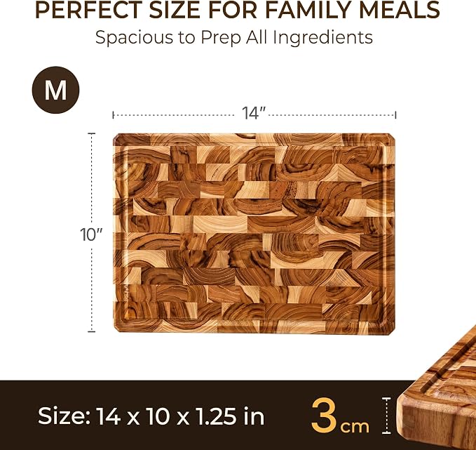 Teak Wood Cutting Boards for Kitchen, Butcher Block End Grain Checkered Wooden Cutting Board with Juice Groove Hardwood Chopping Charcuterie Board Non Toxic for Cheese & Vegetables Over Sink Solid 14"