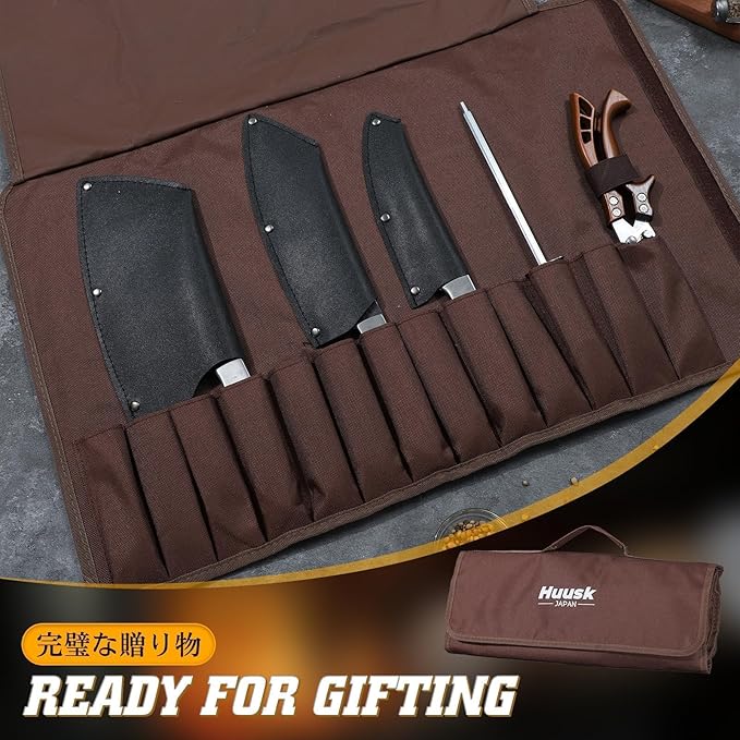 Huusk Chef Knife Set 5 PCS - Hand Forged High Carbon Steel Butcher Knife Set with Poultry Shears & Sharpening Rod, Cooking Knives with Bag for Grill BBQ Camping, Gifts for Men and Women