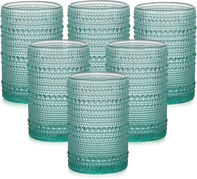 ZMOWIPDL Vintage Glassware Drinking Glasses Set of 6,15 oz Hobnail Glass Cups,Embossed Lake Blue Water Tumbler,for Beer,Cocktail,Whiskey,Juice and Various Mixed Drinks- 1 Cleaning Brush