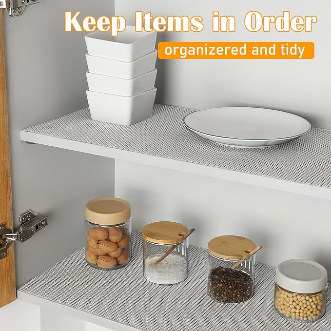 Songrey Non-Adhesive Drawer and Shelf Liner, Non Slip Cabinet Liners, Protect Kitchen Cupboard, Bathroom Drawers, Breathable, Thick Strong Grip mat (12IN x 10FT, Light Gray)