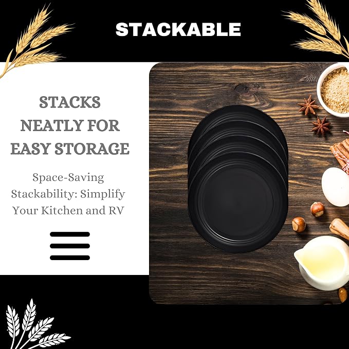 ECOSTAR Wheat Straw Dinnerware Sets Unbreakable Plates Bowls and Cups Reusable Utensils Dishwasher Microwave Safe Bowls and Plates Sets (Black)