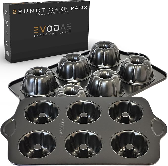 Mini Bundt Cake Pans for Baking – Set of 2 – 6 Cups Each (12 Cups Total) – Nonstick Black Carbon Steel – Heavy-Duty & Built to Last – Carefully Packaged in a Clean Black Box – PFOA & PTFE Free