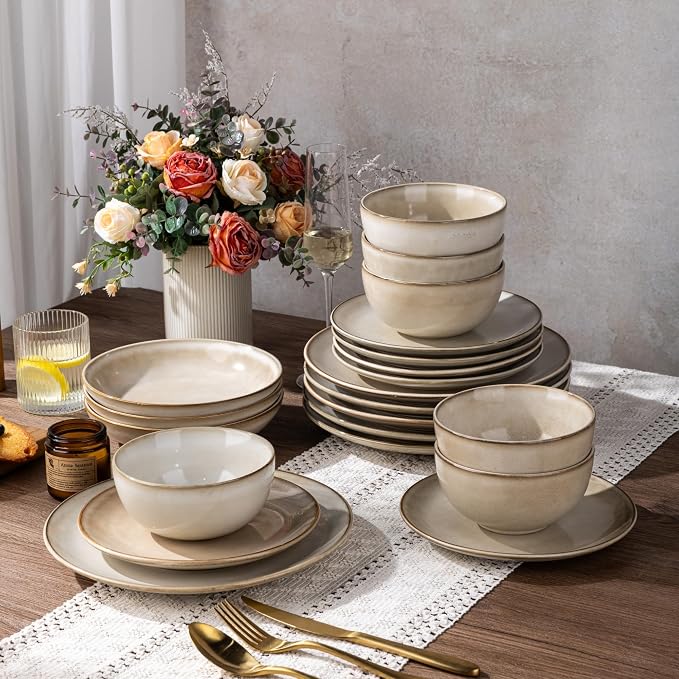 GBHOME 24 Pieces Double Bowls Dinnerware Sets for 6, Stoneware Plates and Bowls Set with Reactive Glaze, Scratch Resistant Stoneware Dishes Set, Dishwasher & Microwave Safe