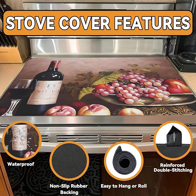 Decorative Stove Top Covers for Electric Stove 28"x20" – Heat Resistant Glass Cooktop Protector Dish Drying Mat – Non-Slip Rubber Backing Washer Top Cover Waterproof Extra Counter Space (Wine)