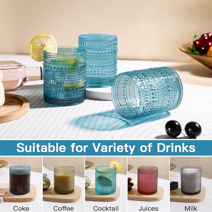 JOVGANK Blue Vintage Hobnail Drinking Glasses Set of 6, Embossed Water Tumbler 12oz, Kitchen & Bar Beaded Glass Cups, Beverage Glass Cups for Water, Beer, Juice, Housewarming Gifts for Party