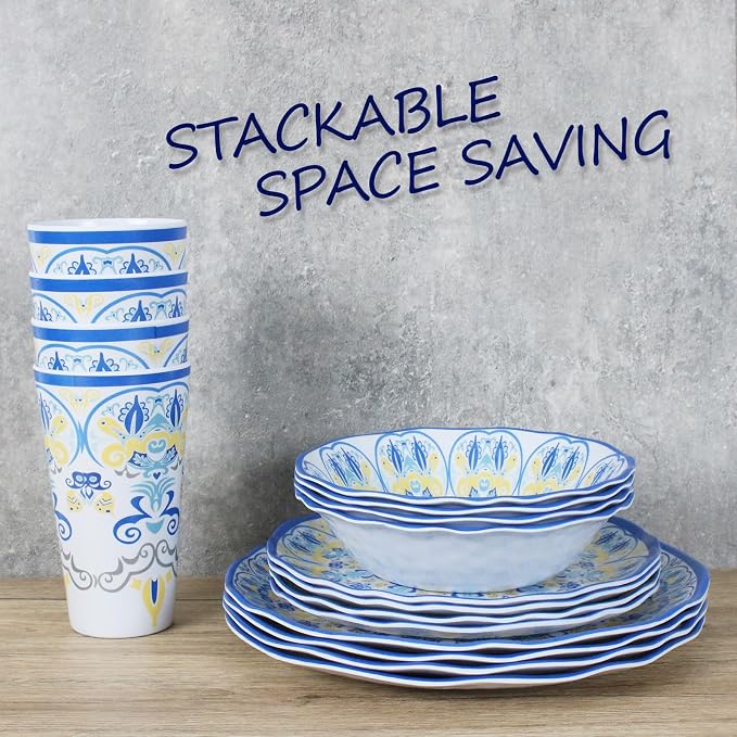 Melamine Dinnerware Set for 4-16 Pcs:Camping Dishes Set with Dinner Plates,Salad Plates, Bowls and Cups.Lightweight and Unbreakable.Indoor and Outdoor Use.