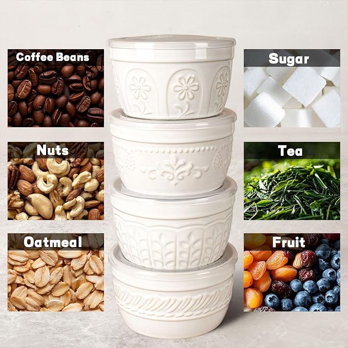 Artena Meal Prep Containers 22 OZ, 4 Pack Snack Containers, Reusable Food Storage Containers With Lids For Soup Yogurt Oatmeal Lunch Breakfast, Ceramic Cereal Bowls (White, Willow Leaf)