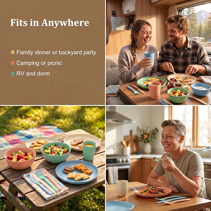 Plates and Bowls Sets for 4, Unbreakable Cups and Plates Sets 24 Piece, Wheat Straw Dinnerware Sets for Kitchen, Microwave Safe Plates Set for 4, RV and Camper Essentials - Colorful