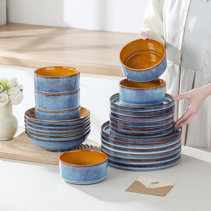 ONION Ceramic Plates and Bowls Sets for 6, 24 Pieces Stoneware Dinnerware Sets for Kitchen, Reactive Glaze Dish Set, Dishwasher and Microwave Safe, Blue