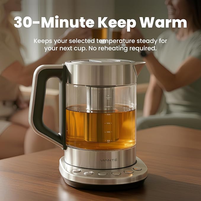 Viante Alba Electric Tea Kettle With Infuser, No Plastic, 1.5L | Borosilicate glass & 304 stainless steel construction. 4 temp presets, keep-warm, cordless, auto shut-off