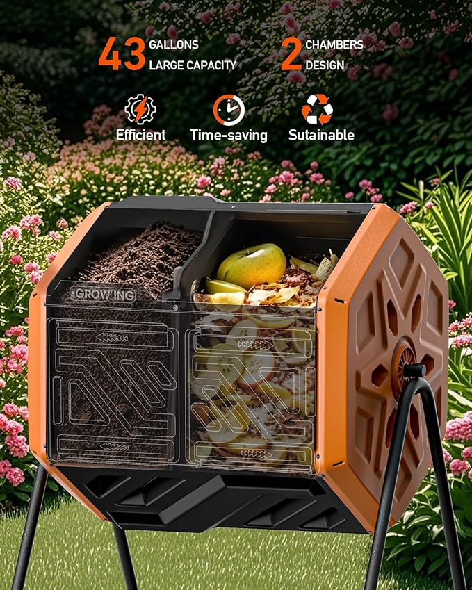 THEGROW'ING 43 Gallon Dual Chamber Compost Bin with Built-in Nuts & Thermometer, Outdoor Rotating Composter Tumbler for Garden Backyard, Orange