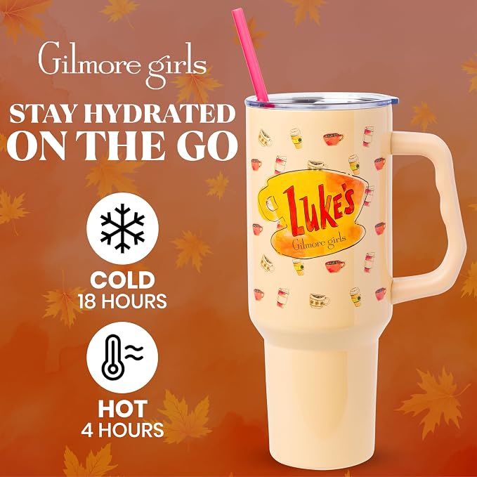 Silver Buffalo Gilmore Girls Luke's Diner Double Walled Stainless Steel Tumbler with Handle and Straw, Fits in Standard Cup Holder, 40 Ounces