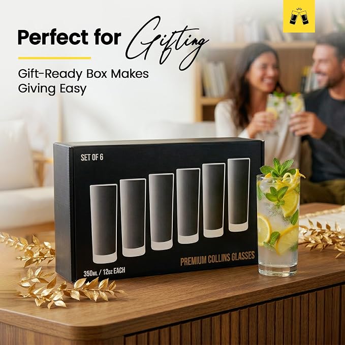 LEMONSODA Premium Highball Glass Set | Tom Collins Glasses 12oz Set of 6 | Lead-Free Glass with Heavy Base | Dishwasher Safe Cocktail Glasses for Mojito Whiskey Iced Tea | Modern Durable Bar Glassware