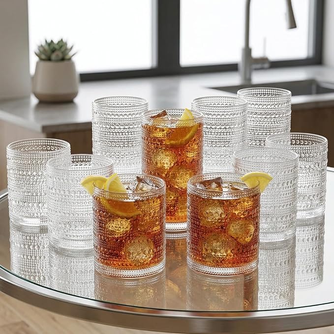 Khen Plastic Hobnail Drinking Glasses Set of 12 Clear Color Cups 6x 10oz Lowball & 6x 1oz Highball Acrylic Beaded Design, BPA-Free, Dishwasher Safe Indoor/Outdoor Drinkware Water, Juice, Cocktails