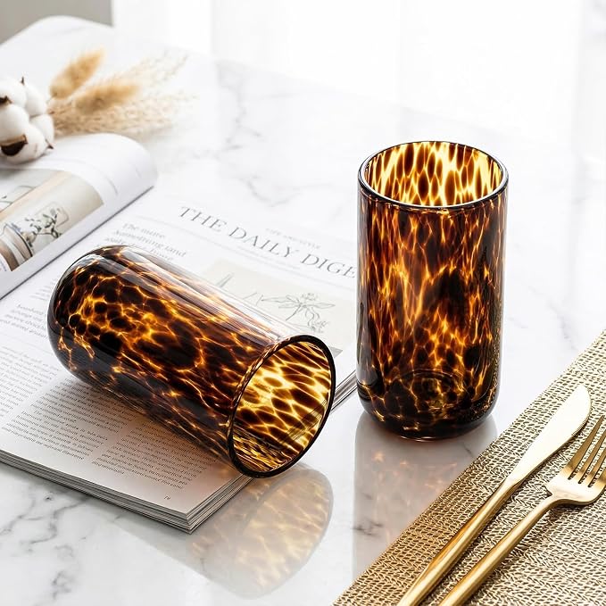 Tortoise Shell Drinking Glasses Set of 4, Brown Decorative Tortoise Shell Tumbler Cups for Wine & Drinks，Drinking Glasses for Wedding Gifts, Housewarming, Cocktail Party (4, 15oz)