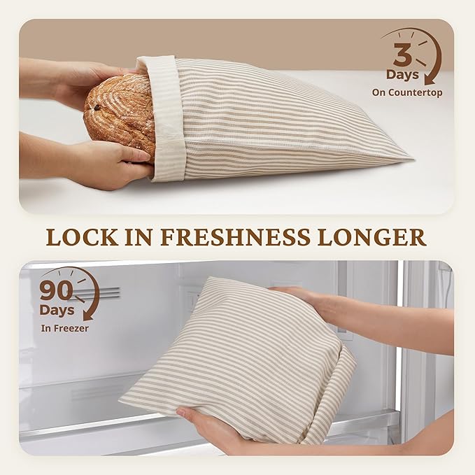 BRONYPRO Beeswax Bread Bags for Homemade Bread Sourdough, 2 Pack Reusable Sourdough Bread Bags with Zipper, Organic Beeswax & Linen Bread Storage, Eco-friendly & Long-latsing,Large 17x12.6in,Beige