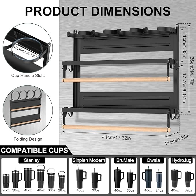 Magnetic Stanley Cup Holder for Refrigerator, Water Bottle Organizer for Stanley 40/30/20 oz Tumbler, Fridge Kitchen Storage Rack with 8 Holders & 2 Wood Rods, Owala/Yeti/Stanley Cup Accessories-Black