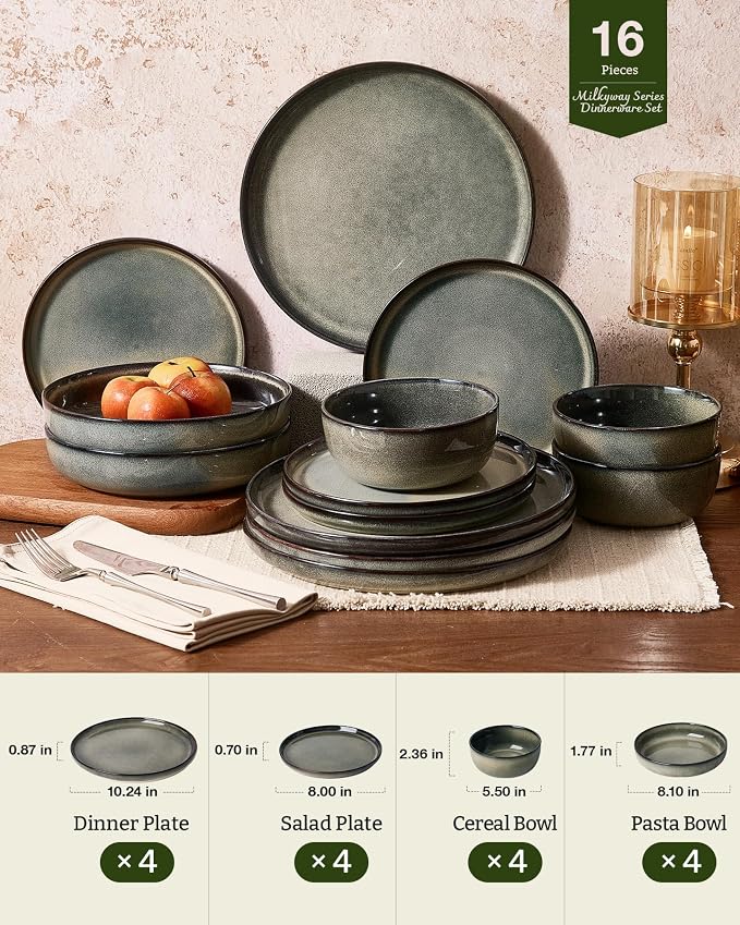 Famiware Milkyway Stoneware Dinnerware Set, 16-Piece, Including Pasta Bowl, Double Reactive Glaze, Plates and Bowls, Service for 4, Microwave and Dishwasher Safe, Scratch-Resistant, Greenish Brown
