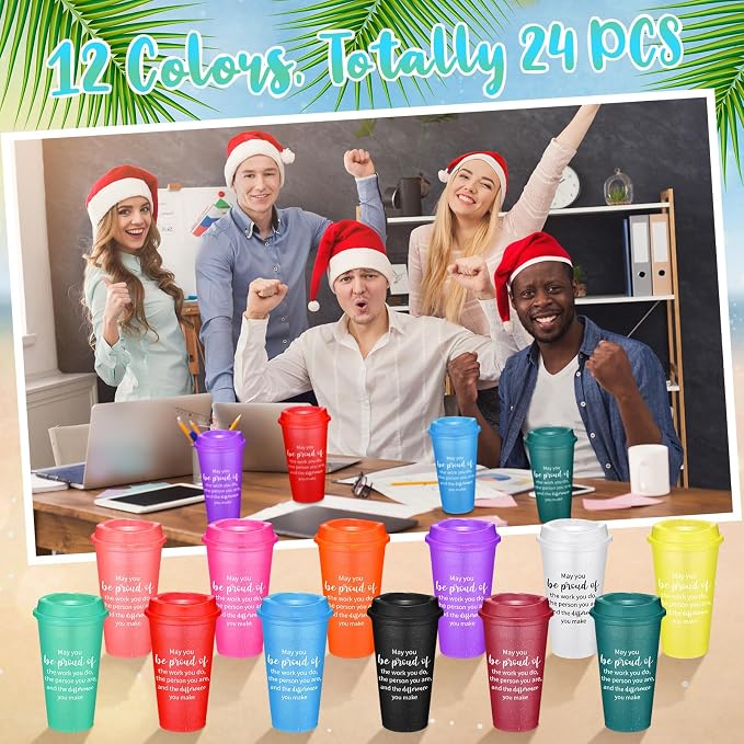 Skylety 24 Pcs Appreciation Tumblers Gifts Bulk 16 oz Thank You Teacher Employee Plastic Coffee Cups with Lids Colorful Reusable Inspirational Tumblers for Coworker Staff Christmas