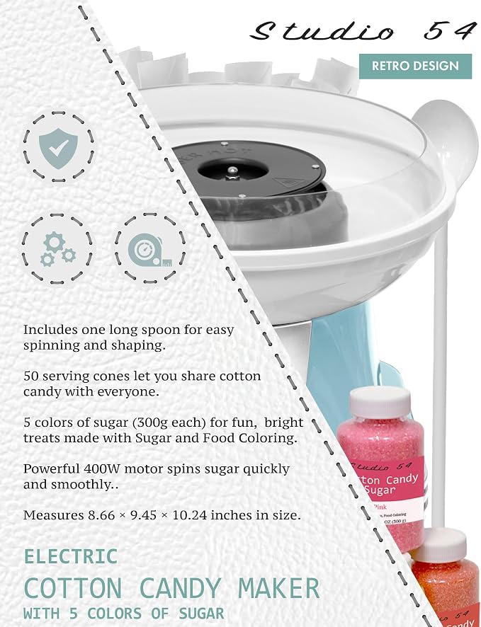 Retro Cotton Candy Machine with 5 Jars (11oz Each) Floss Sugar, 50 Paper Cones, Easy Cleanup Cotton Candy Maker, Durable Retro Design, Makes 20–30 Servings per Jar, BPA & Lead Free