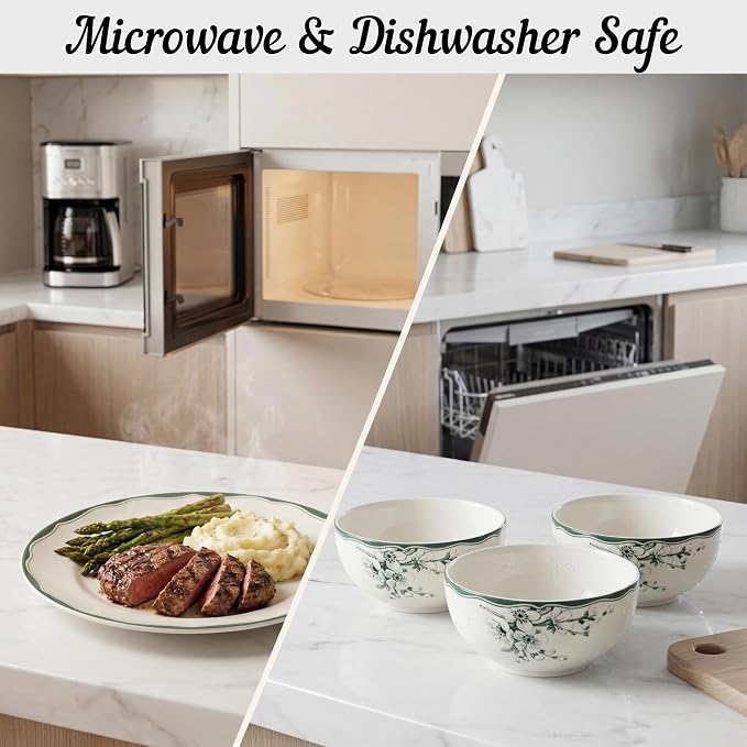 222 Fifth 12-Piece Porcelain Dinnerware Set for 4, White & Sage Green Plates and Bowls Set, Glossy Ceramic Dish Set with Detailed Floral Design, Microwave & Dishwasher Safe Dishes for Dining, Brittany