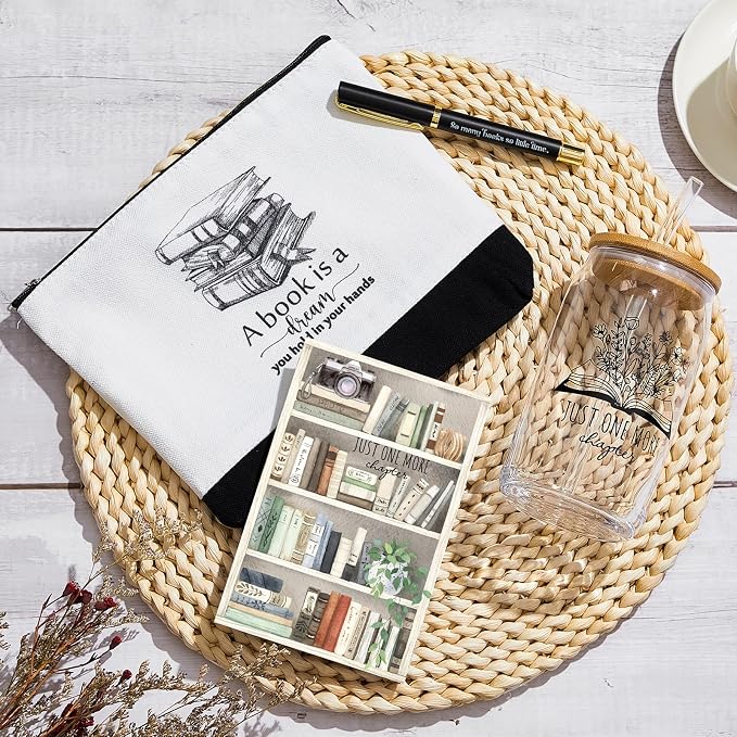 16 Pcs Books Club Gifts Book Lovers Gifts for Women Blind Date with a Read Include 16 oz Glass Cup Canvas Makeup Bag Ballpoint Pen Card for Librarian Reader Bookish Teacher