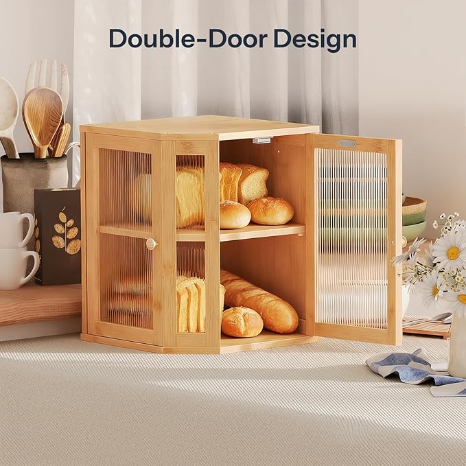 HOOBRO Bread Box, Bamboo Bread Box for Kitchen Countertop, 2-Tier Corner Bread Box, Large Capacity Bread Bin, Food Storage Box, Bread Storage Container for Kitchen, Dining Room, Natural YL12MB01