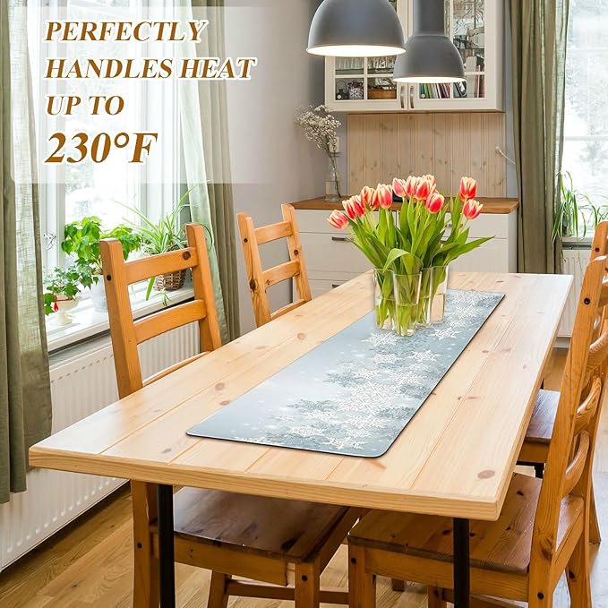 Silver Winter Abstract Snowflakes Christmas Trivet Table Runner 40 Inches Long Trivet for Hot Pots and Pans/Hot Dishes,Table Protector Heat Up to 230F, Decorative Hot Plates Mat for Kitchen Countertop