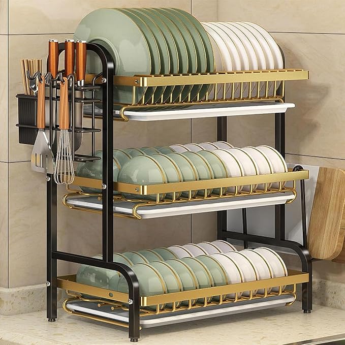 2/3 Tier Kitchen Counter Dish Drying Rack, Carbon Steel Dish Strainers with Drain Tray,Chopsticks Rack,Knife Holder, Over The Sink Dish Racks Storage Rack(W21(3 Tier), Black Gold)