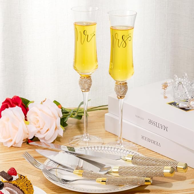 Wedding Cake Knife and Server Set, Gold Cake Cutting Set for Wedding, Mr and Mrs Champagne Flutes for Bridal Shower Gifts Engagement Gifts for Couples