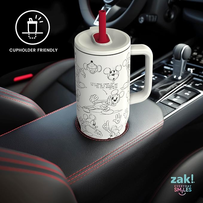 Zak Designs Disney Sutton Travel Tumbler for On the Go, 30oz Stainless Steel with Vacuum Insulation, Silicone Straw, and Carry Handle for Cold Drinks (Mickey Mouse Sketch)