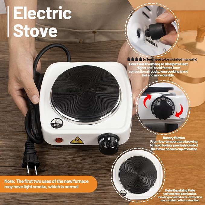 2-in-1 Aluminum Moka Pot Set with Electric Stove Classic Stovetop Espresso Coffee Maker 150ml 5oz Mocha Express Portable Gift Camping Travel Preferred Cafe Italian Cuban Café Brewing 3 Cup