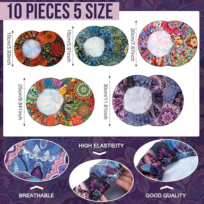 Patelai 10 Pcs Bowl Covers Reusable in 5 Size Stretch Cloth Fabric Elastic Food Storage Bowl Covers Bread Sourdough Lids for Proofing Food Fruits Leftover (Colored,Symmetrical Pattern)