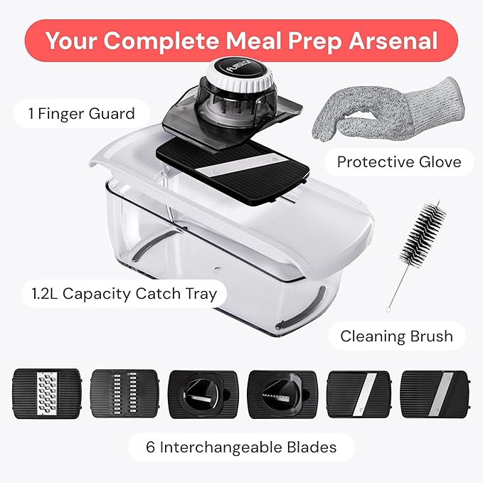 Fullstar Mandoline Slicer for Kitchen, Fruit Cutter, Cheese Grater, Cucumber Slicer, Veggie Spiralizer, Food Cutter & Kitchen Gadgets & Gifts with Safety Glove (6 in 1, Black)