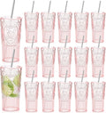 16 Set 20oz Vintage Plastic Tumbler with Lids and Straws Ribbed Floral Drinking Glasses Reusable Iced Coffee Cups for Water Juice Smoothie Cocktail Travel Party Events Gift (Pink)