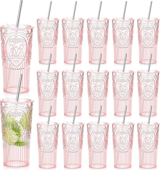 16 Set 20oz Vintage Plastic Tumbler with Lids and Straws Ribbed Floral Drinking Glasses Reusable Iced Coffee Cups for Water Juice Smoothie Cocktail Travel Party Events Gift (Pink)