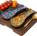 Handcrafted Turkish Ceramic Spoon Rest Set of 2-9" Large Spoon Holder for Stove Top - 100% Lead-Free & Heat Resistant - Decorative Ottoman Tulip Patterned Utensil Rest - Dishwasher Safe