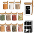 ComSaf 12 Pcs Glass Spice Jars and Spoons, 8oz Glass Containers with Bamboo Lids, Storage Containers with Airtight Lids with Black Labels for Seasonings, Salt, Loose Leaf Tea Storage
