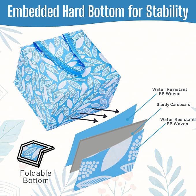 VENO 4 Pack Reusable Grocery Shopping Bags, Heavy-Duty Tote Bags with Handles, for Shopping Cart with Hard Bottom to Stand Upright, Foldable (Spring Breeze, 4 Pack)