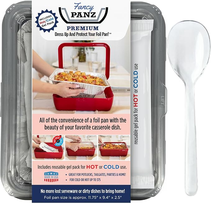 Fancy Panz Platinum Premium Aluminum Foil Pan Carrier with Secure Latch Lid & Hot/Cold Gel Pack - Made in USA Reusable Casserole Carrier for Half Size Pans - Food Transport Holder for Entertaining