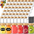 40 Pack 2 oz Glass Shot Bottles with Bamboo Lids and Labels | Clear borosilicate glass shows fresh drinks, with leak-resistant seal and wide mouth for juicing, fridge and travel