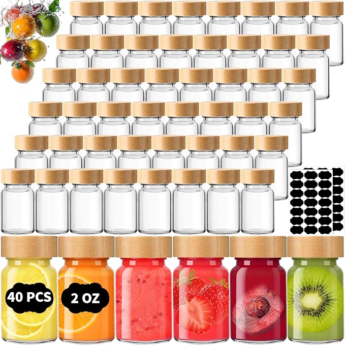 40 Pack 2 oz Glass Shot Bottles with Bamboo Lids and Labels | Clear borosilicate glass shows fresh drinks, with leak-resistant seal and wide mouth for juicing, fridge and travel