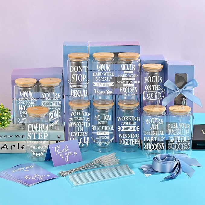 12 Pcs Employee Inspiration Glass Cups Set, OLSUNOR Personalized Inspirational Thank You Gifts for Staff Coworker 16 oz Can Shaped Beer Glass Cups, Gift Box and Card for Team Women Men Teacher Friends