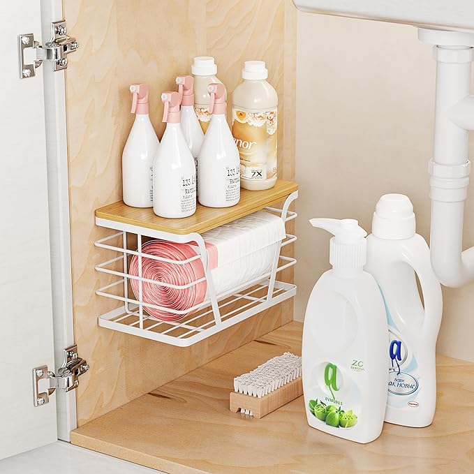TIDIIABODE Small Grocery Bag Holder, Trash Bag Dispenser with Removable Bamboo Top, No Drill,White