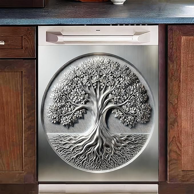 BlissYard Sliver Metal Tree of Life Dishwasher Magnet Cover Skin Panel 23x26 Inch Magnetic Dishwasher Covers Decorative Appliances Refrigerator Cupboard Magnet Cover Kitchen Decoration