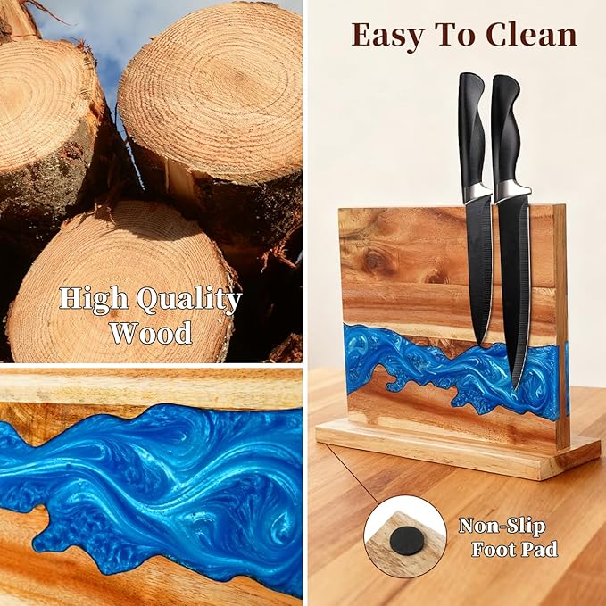 Ocean Magnetic Knife Block, Acacia Wood Knife Holder Stand with Strong Magnets, Double Side Knife Storage Rack for Kitchen (Blue)