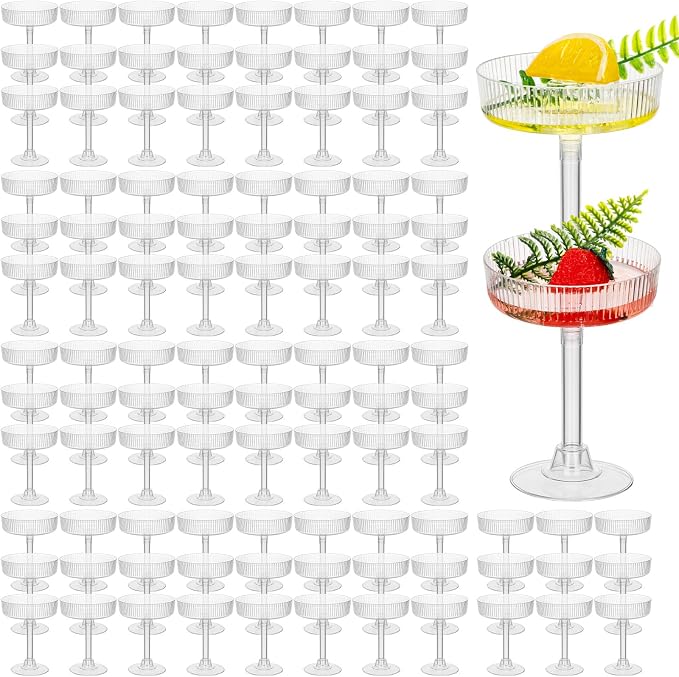 100 Pcs Ribbed Martini Glasses 5 oz Disposable Plastic Vintage Ribbed Coupe Glasses Cocktail Unbreakable Dessert Parfait Glassware for Wedding Party Supplies (Clear)