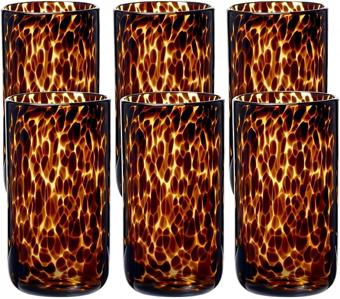 Honeydak Set of 6 Tortoise Leopard Print Brown 16 oz Rocks Glasses Stylish Stemless Cocktail Cups Glass Glassware Tumbler Ideal for Gin, Tequila, Vodka, Soft Drinks